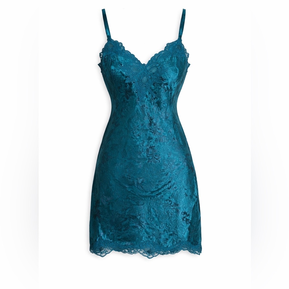 Vintage VS Teal Satin Slip Dress Lace Trim Y2K Lingerie‎ Fairycore Coquette- L